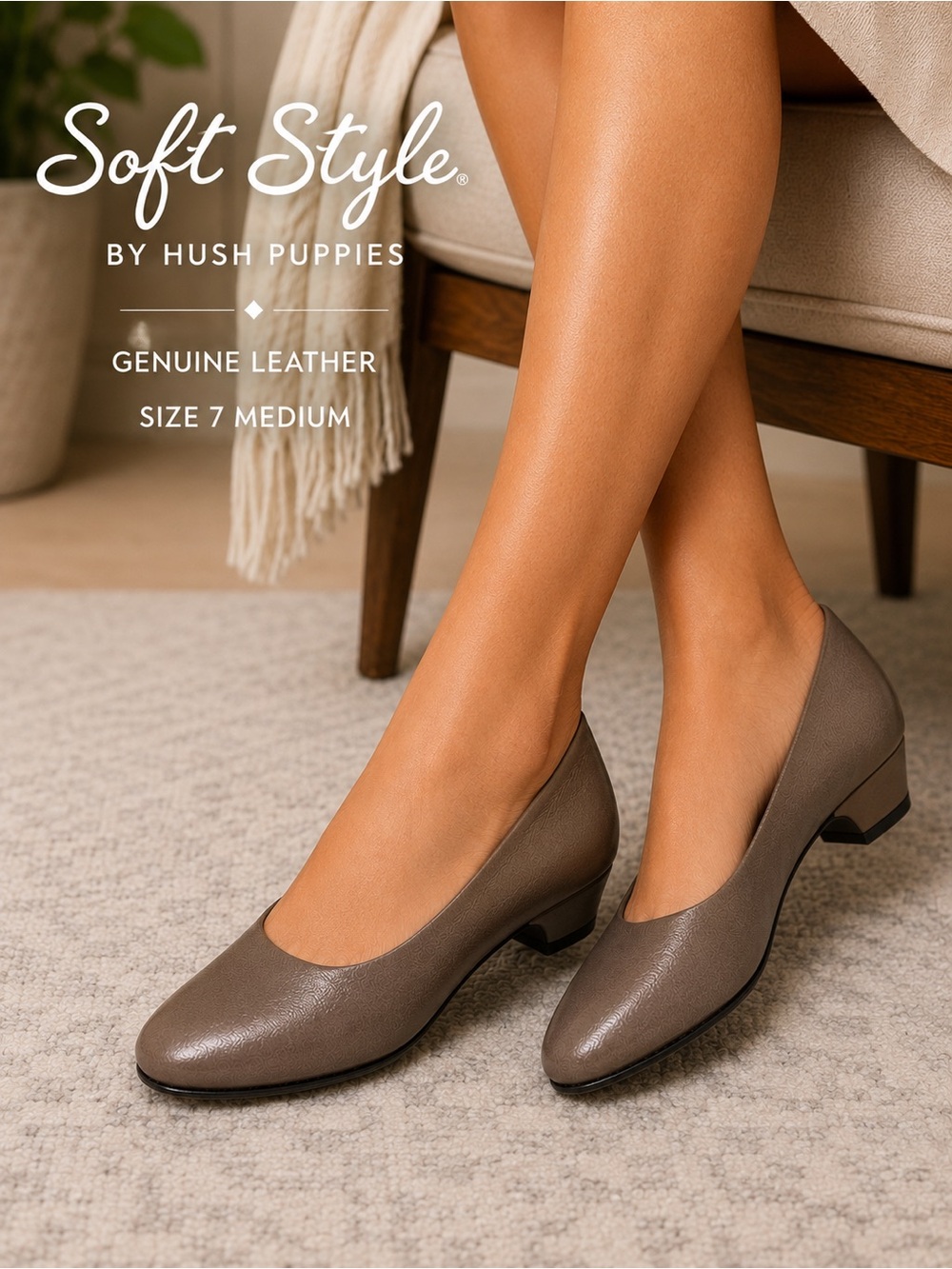 Soft Style by Hush Puppies Taupe Leather Pumps Size 7M Comfort Low Heel